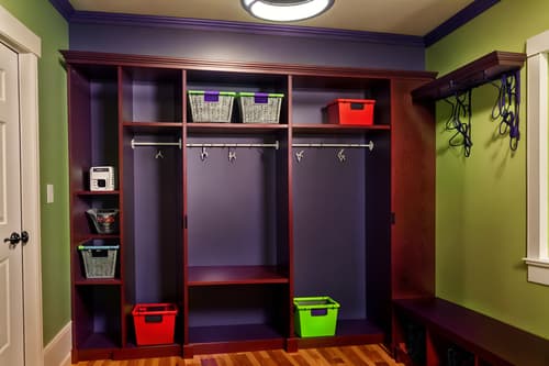 photo from pinterest of gaming room-style interior designed (mudroom interior) with a bench and storage baskets and storage drawers and shelves for shoes and cabinets and cubbies and wall hooks for coats and high up storage. . with multiple displays and gaming chair and dark room and purple and red lights and computer desk with computer displays and keyboard and neon lights and dark walls and purple, red and blue fade light. . cinematic photo, highly detailed, cinematic lighting, ultra-detailed, ultrarealistic, photorealism, 8k. trending on pinterest. gaming room interior design style. masterpiece, cinematic light, ultrarealistic+, photorealistic+, 8k, raw photo, realistic, sharp focus on eyes, (symmetrical eyes), (intact eyes), hyperrealistic, highest quality, best quality, , highly detailed, masterpiece, best quality, extremely detailed 8k wallpaper, masterpiece, best quality, ultra-detailed, best shadow, detailed background, detailed face, detailed eyes, high contrast, best illumination, detailed face, dulux, caustic, dynamic angle, detailed glow. dramatic lighting. highly detailed, insanely detailed hair, symmetrical, intricate details, professionally retouched, 8k high definition. strong bokeh. award winning photo.