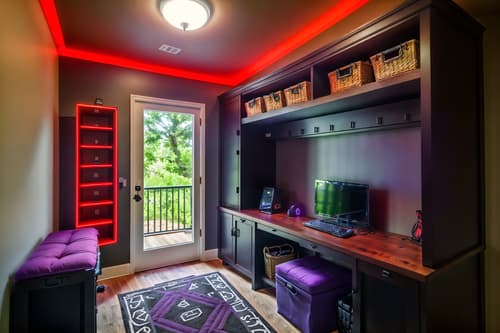 photo from pinterest of gaming room-style interior designed (mudroom interior) with a bench and storage baskets and storage drawers and shelves for shoes and cabinets and cubbies and wall hooks for coats and high up storage. . with multiple displays and gaming chair and dark room and purple and red lights and computer desk with computer displays and keyboard and neon lights and dark walls and purple, red and blue fade light. . cinematic photo, highly detailed, cinematic lighting, ultra-detailed, ultrarealistic, photorealism, 8k. trending on pinterest. gaming room interior design style. masterpiece, cinematic light, ultrarealistic+, photorealistic+, 8k, raw photo, realistic, sharp focus on eyes, (symmetrical eyes), (intact eyes), hyperrealistic, highest quality, best quality, , highly detailed, masterpiece, best quality, extremely detailed 8k wallpaper, masterpiece, best quality, ultra-detailed, best shadow, detailed background, detailed face, detailed eyes, high contrast, best illumination, detailed face, dulux, caustic, dynamic angle, detailed glow. dramatic lighting. highly detailed, insanely detailed hair, symmetrical, intricate details, professionally retouched, 8k high definition. strong bokeh. award winning photo.