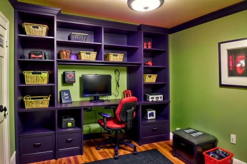 photo from pinterest of gaming room-style interior designed (mudroom interior) with a bench and storage baskets and storage drawers and shelves for shoes and cabinets and cubbies and wall hooks for coats and high up storage. . with multiple displays and gaming chair and dark room and purple and red lights and computer desk with computer displays and keyboard and neon lights and dark walls and purple, red and blue fade light. . cinematic photo, highly detailed, cinematic lighting, ultra-detailed, ultrarealistic, photorealism, 8k. trending on pinterest. gaming room interior design style. masterpiece, cinematic light, ultrarealistic+, photorealistic+, 8k, raw photo, realistic, sharp focus on eyes, (symmetrical eyes), (intact eyes), hyperrealistic, highest quality, best quality, , highly detailed, masterpiece, best quality, extremely detailed 8k wallpaper, masterpiece, best quality, ultra-detailed, best shadow, detailed background, detailed face, detailed eyes, high contrast, best illumination, detailed face, dulux, caustic, dynamic angle, detailed glow. dramatic lighting. highly detailed, insanely detailed hair, symmetrical, intricate details, professionally retouched, 8k high definition. strong bokeh. award winning photo.
