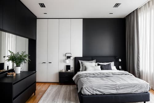 photo from pinterest of minimalist-style interior designed (bedroom interior) with headboard and accent chair and mirror and night light and plant and bed and bedside table or night stand and dresser closet. . with functional furniture and an open floor plan and a monochromatic palette with colour used as an accent and lots of light and clean lines and focus on the shape, colour and texture of just a few of essential elements and functional furniture. . cinematic photo, highly detailed, cinematic lighting, ultra-detailed, ultrarealistic, photorealism, 8k. trending on pinterest. minimalist interior design style. masterpiece, cinematic light, ultrarealistic+, photorealistic+, 8k, raw photo, realistic, sharp focus on eyes, (symmetrical eyes), (intact eyes), hyperrealistic, highest quality, best quality, , highly detailed, masterpiece, best quality, extremely detailed 8k wallpaper, masterpiece, best quality, ultra-detailed, best shadow, detailed background, detailed face, detailed eyes, high contrast, best illumination, detailed face, dulux, caustic, dynamic angle, detailed glow. dramatic lighting. highly detailed, insanely detailed hair, symmetrical, intricate details, professionally retouched, 8k high definition. strong bokeh. award winning photo.