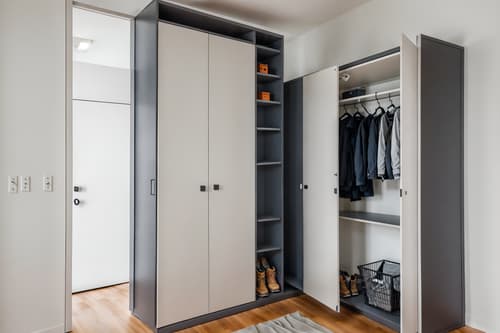 photo from pinterest of minimalist-style interior designed (drop zone interior) with cabinets and storage drawers and storage baskets and high up storage and lockers and cubbies and wall hooks for coats and shelves for shoes. . with functional furniture and a monochromatic palette with colour used as an accent and lots of light and clean lines and focus on the shape, colour and texture of just a few of essential elements and an open floor plan and functional furniture. . cinematic photo, highly detailed, cinematic lighting, ultra-detailed, ultrarealistic, photorealism, 8k. trending on pinterest. minimalist interior design style. masterpiece, cinematic light, ultrarealistic+, photorealistic+, 8k, raw photo, realistic, sharp focus on eyes, (symmetrical eyes), (intact eyes), hyperrealistic, highest quality, best quality, , highly detailed, masterpiece, best quality, extremely detailed 8k wallpaper, masterpiece, best quality, ultra-detailed, best shadow, detailed background, detailed face, detailed eyes, high contrast, best illumination, detailed face, dulux, caustic, dynamic angle, detailed glow. dramatic lighting. highly detailed, insanely detailed hair, symmetrical, intricate details, professionally retouched, 8k high definition. strong bokeh. award winning photo.