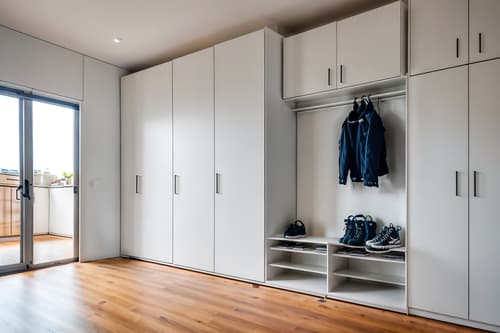 photo from pinterest of minimalist-style interior designed (drop zone interior) with cabinets and storage drawers and storage baskets and high up storage and lockers and cubbies and wall hooks for coats and shelves for shoes. . with functional furniture and a monochromatic palette with colour used as an accent and lots of light and clean lines and focus on the shape, colour and texture of just a few of essential elements and an open floor plan and functional furniture. . cinematic photo, highly detailed, cinematic lighting, ultra-detailed, ultrarealistic, photorealism, 8k. trending on pinterest. minimalist interior design style. masterpiece, cinematic light, ultrarealistic+, photorealistic+, 8k, raw photo, realistic, sharp focus on eyes, (symmetrical eyes), (intact eyes), hyperrealistic, highest quality, best quality, , highly detailed, masterpiece, best quality, extremely detailed 8k wallpaper, masterpiece, best quality, ultra-detailed, best shadow, detailed background, detailed face, detailed eyes, high contrast, best illumination, detailed face, dulux, caustic, dynamic angle, detailed glow. dramatic lighting. highly detailed, insanely detailed hair, symmetrical, intricate details, professionally retouched, 8k high definition. strong bokeh. award winning photo.