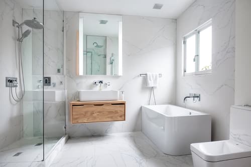 photo from pinterest of minimalist-style interior designed (bathroom interior) with waste basket and bathroom sink with faucet and bath rail and mirror and shower and toilet seat and bathtub and bathroom cabinet. . with an open floor plan and functional furniture and focus on the shape, colour and texture of just a few of essential elements and a monochromatic palette with colour used as an accent and lots of light and clean lines and an open floor plan. . cinematic photo, highly detailed, cinematic lighting, ultra-detailed, ultrarealistic, photorealism, 8k. trending on pinterest. minimalist interior design style. masterpiece, cinematic light, ultrarealistic+, photorealistic+, 8k, raw photo, realistic, sharp focus on eyes, (symmetrical eyes), (intact eyes), hyperrealistic, highest quality, best quality, , highly detailed, masterpiece, best quality, extremely detailed 8k wallpaper, masterpiece, best quality, ultra-detailed, best shadow, detailed background, detailed face, detailed eyes, high contrast, best illumination, detailed face, dulux, caustic, dynamic angle, detailed glow. dramatic lighting. highly detailed, insanely detailed hair, symmetrical, intricate details, professionally retouched, 8k high definition. strong bokeh. award winning photo.