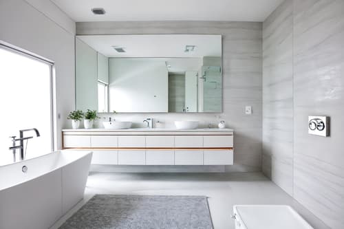 photo from pinterest of minimalist-style interior designed (bathroom interior) with waste basket and bathroom sink with faucet and bath rail and mirror and shower and toilet seat and bathtub and bathroom cabinet. . with an open floor plan and functional furniture and focus on the shape, colour and texture of just a few of essential elements and a monochromatic palette with colour used as an accent and lots of light and clean lines and an open floor plan. . cinematic photo, highly detailed, cinematic lighting, ultra-detailed, ultrarealistic, photorealism, 8k. trending on pinterest. minimalist interior design style. masterpiece, cinematic light, ultrarealistic+, photorealistic+, 8k, raw photo, realistic, sharp focus on eyes, (symmetrical eyes), (intact eyes), hyperrealistic, highest quality, best quality, , highly detailed, masterpiece, best quality, extremely detailed 8k wallpaper, masterpiece, best quality, ultra-detailed, best shadow, detailed background, detailed face, detailed eyes, high contrast, best illumination, detailed face, dulux, caustic, dynamic angle, detailed glow. dramatic lighting. highly detailed, insanely detailed hair, symmetrical, intricate details, professionally retouched, 8k high definition. strong bokeh. award winning photo.