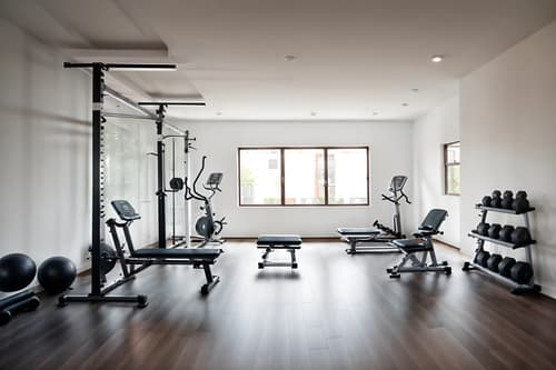 photo from pinterest of minimalist-style interior designed (fitness gym interior) with exercise bicycle and bench press and squat rack and dumbbell stand and crosstrainer and exercise bicycle. . with an open floor plan and functional furniture and focus on the shape, colour and texture of just a few of essential elements and lots of light and a monochromatic palette with colour used as an accent and clean lines and an open floor plan. . cinematic photo, highly detailed, cinematic lighting, ultra-detailed, ultrarealistic, photorealism, 8k. trending on pinterest. minimalist interior design style. masterpiece, cinematic light, ultrarealistic+, photorealistic+, 8k, raw photo, realistic, sharp focus on eyes, (symmetrical eyes), (intact eyes), hyperrealistic, highest quality, best quality, , highly detailed, masterpiece, best quality, extremely detailed 8k wallpaper, masterpiece, best quality, ultra-detailed, best shadow, detailed background, detailed face, detailed eyes, high contrast, best illumination, detailed face, dulux, caustic, dynamic angle, detailed glow. dramatic lighting. highly detailed, insanely detailed hair, symmetrical, intricate details, professionally retouched, 8k high definition. strong bokeh. award winning photo.