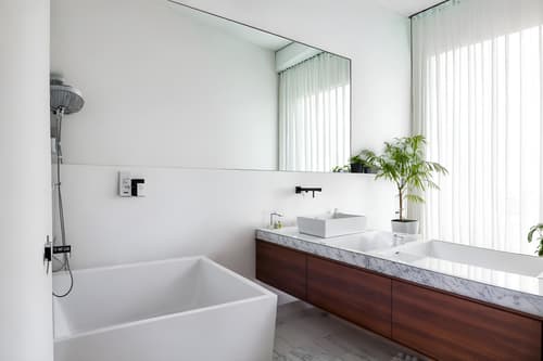 photo from pinterest of minimalist-style interior designed (hotel bathroom interior) with bathtub and waste basket and mirror and shower and plant and bath towel and bathroom cabinet and bathroom sink with faucet. . with an open floor plan and lots of light and focus on the shape, colour and texture of just a few of essential elements and clean lines and a monochromatic palette with colour used as an accent and functional furniture and an open floor plan. . cinematic photo, highly detailed, cinematic lighting, ultra-detailed, ultrarealistic, photorealism, 8k. trending on pinterest. minimalist interior design style. masterpiece, cinematic light, ultrarealistic+, photorealistic+, 8k, raw photo, realistic, sharp focus on eyes, (symmetrical eyes), (intact eyes), hyperrealistic, highest quality, best quality, , highly detailed, masterpiece, best quality, extremely detailed 8k wallpaper, masterpiece, best quality, ultra-detailed, best shadow, detailed background, detailed face, detailed eyes, high contrast, best illumination, detailed face, dulux, caustic, dynamic angle, detailed glow. dramatic lighting. highly detailed, insanely detailed hair, symmetrical, intricate details, professionally retouched, 8k high definition. strong bokeh. award winning photo.