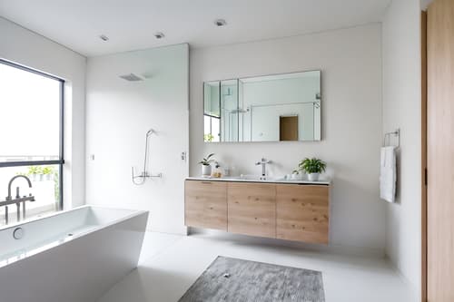 photo from pinterest of minimalist-style interior designed (hotel bathroom interior) with bathtub and waste basket and mirror and shower and plant and bath towel and bathroom cabinet and bathroom sink with faucet. . with an open floor plan and lots of light and focus on the shape, colour and texture of just a few of essential elements and clean lines and a monochromatic palette with colour used as an accent and functional furniture and an open floor plan. . cinematic photo, highly detailed, cinematic lighting, ultra-detailed, ultrarealistic, photorealism, 8k. trending on pinterest. minimalist interior design style. masterpiece, cinematic light, ultrarealistic+, photorealistic+, 8k, raw photo, realistic, sharp focus on eyes, (symmetrical eyes), (intact eyes), hyperrealistic, highest quality, best quality, , highly detailed, masterpiece, best quality, extremely detailed 8k wallpaper, masterpiece, best quality, ultra-detailed, best shadow, detailed background, detailed face, detailed eyes, high contrast, best illumination, detailed face, dulux, caustic, dynamic angle, detailed glow. dramatic lighting. highly detailed, insanely detailed hair, symmetrical, intricate details, professionally retouched, 8k high definition. strong bokeh. award winning photo.