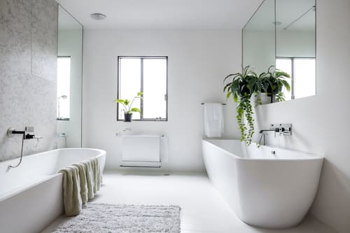 photo from pinterest of minimalist-style interior designed (hotel bathroom interior) with bathtub and waste basket and mirror and shower and plant and bath towel and bathroom cabinet and bathroom sink with faucet. . with an open floor plan and lots of light and focus on the shape, colour and texture of just a few of essential elements and clean lines and a monochromatic palette with colour used as an accent and functional furniture and an open floor plan. . cinematic photo, highly detailed, cinematic lighting, ultra-detailed, ultrarealistic, photorealism, 8k. trending on pinterest. minimalist interior design style. masterpiece, cinematic light, ultrarealistic+, photorealistic+, 8k, raw photo, realistic, sharp focus on eyes, (symmetrical eyes), (intact eyes), hyperrealistic, highest quality, best quality, , highly detailed, masterpiece, best quality, extremely detailed 8k wallpaper, masterpiece, best quality, ultra-detailed, best shadow, detailed background, detailed face, detailed eyes, high contrast, best illumination, detailed face, dulux, caustic, dynamic angle, detailed glow. dramatic lighting. highly detailed, insanely detailed hair, symmetrical, intricate details, professionally retouched, 8k high definition. strong bokeh. award winning photo.