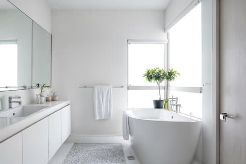photo from pinterest of minimalist-style interior designed (hotel bathroom interior) with bathtub and waste basket and mirror and shower and plant and bath towel and bathroom cabinet and bathroom sink with faucet. . with an open floor plan and lots of light and focus on the shape, colour and texture of just a few of essential elements and clean lines and a monochromatic palette with colour used as an accent and functional furniture and an open floor plan. . cinematic photo, highly detailed, cinematic lighting, ultra-detailed, ultrarealistic, photorealism, 8k. trending on pinterest. minimalist interior design style. masterpiece, cinematic light, ultrarealistic+, photorealistic+, 8k, raw photo, realistic, sharp focus on eyes, (symmetrical eyes), (intact eyes), hyperrealistic, highest quality, best quality, , highly detailed, masterpiece, best quality, extremely detailed 8k wallpaper, masterpiece, best quality, ultra-detailed, best shadow, detailed background, detailed face, detailed eyes, high contrast, best illumination, detailed face, dulux, caustic, dynamic angle, detailed glow. dramatic lighting. highly detailed, insanely detailed hair, symmetrical, intricate details, professionally retouched, 8k high definition. strong bokeh. award winning photo.