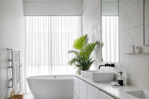 photo from pinterest of minimalist-style interior designed (hotel bathroom interior) with bathtub and waste basket and mirror and shower and plant and bath towel and bathroom cabinet and bathroom sink with faucet. . with an open floor plan and lots of light and focus on the shape, colour and texture of just a few of essential elements and clean lines and a monochromatic palette with colour used as an accent and functional furniture and an open floor plan. . cinematic photo, highly detailed, cinematic lighting, ultra-detailed, ultrarealistic, photorealism, 8k. trending on pinterest. minimalist interior design style. masterpiece, cinematic light, ultrarealistic+, photorealistic+, 8k, raw photo, realistic, sharp focus on eyes, (symmetrical eyes), (intact eyes), hyperrealistic, highest quality, best quality, , highly detailed, masterpiece, best quality, extremely detailed 8k wallpaper, masterpiece, best quality, ultra-detailed, best shadow, detailed background, detailed face, detailed eyes, high contrast, best illumination, detailed face, dulux, caustic, dynamic angle, detailed glow. dramatic lighting. highly detailed, insanely detailed hair, symmetrical, intricate details, professionally retouched, 8k high definition. strong bokeh. award winning photo.