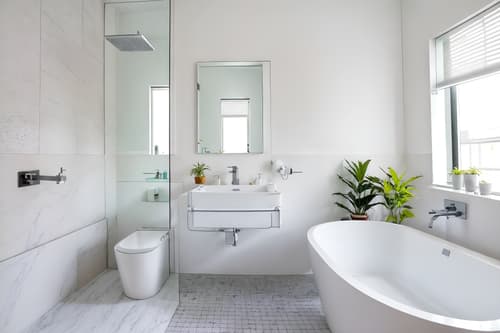 photo from pinterest of minimalist-style interior designed (hotel bathroom interior) with bathtub and waste basket and mirror and shower and plant and bath towel and bathroom cabinet and bathroom sink with faucet. . with an open floor plan and lots of light and focus on the shape, colour and texture of just a few of essential elements and clean lines and a monochromatic palette with colour used as an accent and functional furniture and an open floor plan. . cinematic photo, highly detailed, cinematic lighting, ultra-detailed, ultrarealistic, photorealism, 8k. trending on pinterest. minimalist interior design style. masterpiece, cinematic light, ultrarealistic+, photorealistic+, 8k, raw photo, realistic, sharp focus on eyes, (symmetrical eyes), (intact eyes), hyperrealistic, highest quality, best quality, , highly detailed, masterpiece, best quality, extremely detailed 8k wallpaper, masterpiece, best quality, ultra-detailed, best shadow, detailed background, detailed face, detailed eyes, high contrast, best illumination, detailed face, dulux, caustic, dynamic angle, detailed glow. dramatic lighting. highly detailed, insanely detailed hair, symmetrical, intricate details, professionally retouched, 8k high definition. strong bokeh. award winning photo.