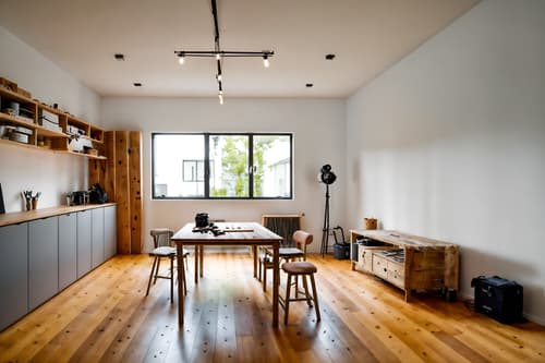photo from pinterest of minimalist-style interior designed (workshop interior) with wooden workbench and tool wall and messy and wooden workbench. . with functional furniture and a monochromatic palette with colour used as an accent and an open floor plan and focus on the shape, colour and texture of just a few of essential elements and lots of light and clean lines and functional furniture. . cinematic photo, highly detailed, cinematic lighting, ultra-detailed, ultrarealistic, photorealism, 8k. trending on pinterest. minimalist interior design style. masterpiece, cinematic light, ultrarealistic+, photorealistic+, 8k, raw photo, realistic, sharp focus on eyes, (symmetrical eyes), (intact eyes), hyperrealistic, highest quality, best quality, , highly detailed, masterpiece, best quality, extremely detailed 8k wallpaper, masterpiece, best quality, ultra-detailed, best shadow, detailed background, detailed face, detailed eyes, high contrast, best illumination, detailed face, dulux, caustic, dynamic angle, detailed glow. dramatic lighting. highly detailed, insanely detailed hair, symmetrical, intricate details, professionally retouched, 8k high definition. strong bokeh. award winning photo.