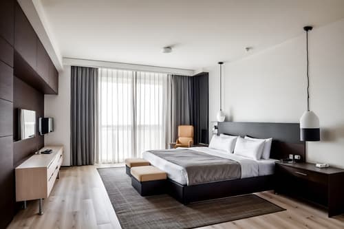 photo from pinterest of minimalist-style interior designed (hotel room interior) with bed and mirror and accent chair and storage bench or ottoman and working desk with desk chair and night light and headboard and hotel bathroom. . with lots of light and an open floor plan and clean lines and focus on the shape, colour and texture of just a few of essential elements and functional furniture and a monochromatic palette with colour used as an accent and lots of light. . cinematic photo, highly detailed, cinematic lighting, ultra-detailed, ultrarealistic, photorealism, 8k. trending on pinterest. minimalist interior design style. masterpiece, cinematic light, ultrarealistic+, photorealistic+, 8k, raw photo, realistic, sharp focus on eyes, (symmetrical eyes), (intact eyes), hyperrealistic, highest quality, best quality, , highly detailed, masterpiece, best quality, extremely detailed 8k wallpaper, masterpiece, best quality, ultra-detailed, best shadow, detailed background, detailed face, detailed eyes, high contrast, best illumination, detailed face, dulux, caustic, dynamic angle, detailed glow. dramatic lighting. highly detailed, insanely detailed hair, symmetrical, intricate details, professionally retouched, 8k high definition. strong bokeh. award winning photo.