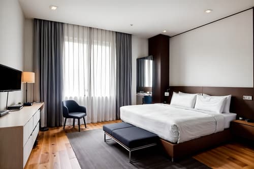photo from pinterest of minimalist-style interior designed (hotel room interior) with bed and mirror and accent chair and storage bench or ottoman and working desk with desk chair and night light and headboard and hotel bathroom. . with lots of light and an open floor plan and clean lines and focus on the shape, colour and texture of just a few of essential elements and functional furniture and a monochromatic palette with colour used as an accent and lots of light. . cinematic photo, highly detailed, cinematic lighting, ultra-detailed, ultrarealistic, photorealism, 8k. trending on pinterest. minimalist interior design style. masterpiece, cinematic light, ultrarealistic+, photorealistic+, 8k, raw photo, realistic, sharp focus on eyes, (symmetrical eyes), (intact eyes), hyperrealistic, highest quality, best quality, , highly detailed, masterpiece, best quality, extremely detailed 8k wallpaper, masterpiece, best quality, ultra-detailed, best shadow, detailed background, detailed face, detailed eyes, high contrast, best illumination, detailed face, dulux, caustic, dynamic angle, detailed glow. dramatic lighting. highly detailed, insanely detailed hair, symmetrical, intricate details, professionally retouched, 8k high definition. strong bokeh. award winning photo.