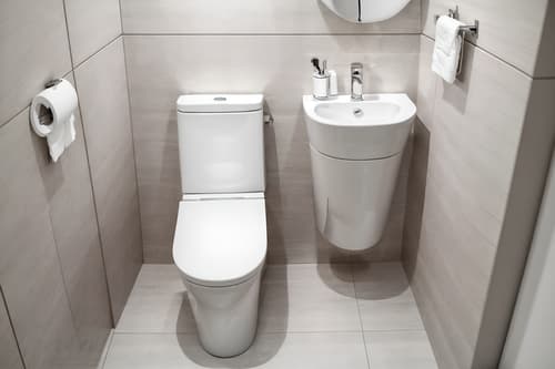 photo from pinterest of minimalist-style interior designed (toilet interior) with toilet with toilet seat up and sink with tap and toilet paper hanger and toilet with toilet seat up. . with focus on the shape, colour and texture of just a few of essential elements and an open floor plan and functional furniture and clean lines and a monochromatic palette with colour used as an accent and lots of light and focus on the shape, colour and texture of just a few of essential elements. . cinematic photo, highly detailed, cinematic lighting, ultra-detailed, ultrarealistic, photorealism, 8k. trending on pinterest. minimalist interior design style. masterpiece, cinematic light, ultrarealistic+, photorealistic+, 8k, raw photo, realistic, sharp focus on eyes, (symmetrical eyes), (intact eyes), hyperrealistic, highest quality, best quality, , highly detailed, masterpiece, best quality, extremely detailed 8k wallpaper, masterpiece, best quality, ultra-detailed, best shadow, detailed background, detailed face, detailed eyes, high contrast, best illumination, detailed face, dulux, caustic, dynamic angle, detailed glow. dramatic lighting. highly detailed, insanely detailed hair, symmetrical, intricate details, professionally retouched, 8k high definition. strong bokeh. award winning photo.