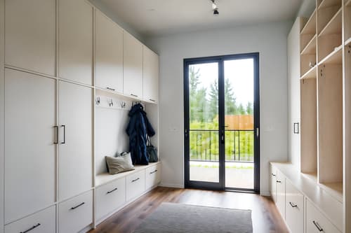 photo from pinterest of minimalist-style interior designed (mudroom interior) with storage drawers and high up storage and cubbies and storage baskets and cabinets and wall hooks for coats and shelves for shoes and a bench. . with focus on the shape, colour and texture of just a few of essential elements and functional furniture and an open floor plan and clean lines and a monochromatic palette with colour used as an accent and lots of light and focus on the shape, colour and texture of just a few of essential elements. . cinematic photo, highly detailed, cinematic lighting, ultra-detailed, ultrarealistic, photorealism, 8k. trending on pinterest. minimalist interior design style. masterpiece, cinematic light, ultrarealistic+, photorealistic+, 8k, raw photo, realistic, sharp focus on eyes, (symmetrical eyes), (intact eyes), hyperrealistic, highest quality, best quality, , highly detailed, masterpiece, best quality, extremely detailed 8k wallpaper, masterpiece, best quality, ultra-detailed, best shadow, detailed background, detailed face, detailed eyes, high contrast, best illumination, detailed face, dulux, caustic, dynamic angle, detailed glow. dramatic lighting. highly detailed, insanely detailed hair, symmetrical, intricate details, professionally retouched, 8k high definition. strong bokeh. award winning photo.