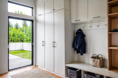 photo from pinterest of minimalist-style interior designed (mudroom interior) with storage drawers and high up storage and cubbies and storage baskets and cabinets and wall hooks for coats and shelves for shoes and a bench. . with focus on the shape, colour and texture of just a few of essential elements and functional furniture and an open floor plan and clean lines and a monochromatic palette with colour used as an accent and lots of light and focus on the shape, colour and texture of just a few of essential elements. . cinematic photo, highly detailed, cinematic lighting, ultra-detailed, ultrarealistic, photorealism, 8k. trending on pinterest. minimalist interior design style. masterpiece, cinematic light, ultrarealistic+, photorealistic+, 8k, raw photo, realistic, sharp focus on eyes, (symmetrical eyes), (intact eyes), hyperrealistic, highest quality, best quality, , highly detailed, masterpiece, best quality, extremely detailed 8k wallpaper, masterpiece, best quality, ultra-detailed, best shadow, detailed background, detailed face, detailed eyes, high contrast, best illumination, detailed face, dulux, caustic, dynamic angle, detailed glow. dramatic lighting. highly detailed, insanely detailed hair, symmetrical, intricate details, professionally retouched, 8k high definition. strong bokeh. award winning photo.
