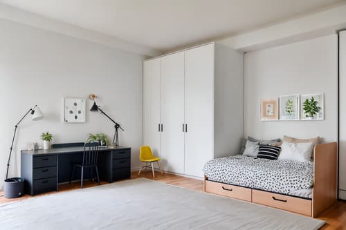 photo from pinterest of minimalist-style interior designed (kids room interior) with plant and night light and headboard and mirror and kids desk and dresser closet and storage bench or ottoman and bed. . with an open floor plan and functional furniture and clean lines and a monochromatic palette with colour used as an accent and focus on the shape, colour and texture of just a few of essential elements and lots of light and an open floor plan. . cinematic photo, highly detailed, cinematic lighting, ultra-detailed, ultrarealistic, photorealism, 8k. trending on pinterest. minimalist interior design style. masterpiece, cinematic light, ultrarealistic+, photorealistic+, 8k, raw photo, realistic, sharp focus on eyes, (symmetrical eyes), (intact eyes), hyperrealistic, highest quality, best quality, , highly detailed, masterpiece, best quality, extremely detailed 8k wallpaper, masterpiece, best quality, ultra-detailed, best shadow, detailed background, detailed face, detailed eyes, high contrast, best illumination, detailed face, dulux, caustic, dynamic angle, detailed glow. dramatic lighting. highly detailed, insanely detailed hair, symmetrical, intricate details, professionally retouched, 8k high definition. strong bokeh. award winning photo.