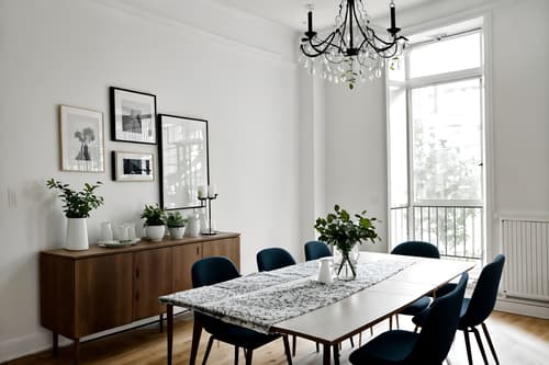photo from pinterest of minimalist-style interior designed (dining room interior) with painting or photo on wall and table cloth and plates, cutlery and glasses on dining table and plant and bookshelves and dining table and light or chandelier and vase. . with an open floor plan and a monochromatic palette with colour used as an accent and lots of light and focus on the shape, colour and texture of just a few of essential elements and functional furniture and clean lines and an open floor plan. . cinematic photo, highly detailed, cinematic lighting, ultra-detailed, ultrarealistic, photorealism, 8k. trending on pinterest. minimalist interior design style. masterpiece, cinematic light, ultrarealistic+, photorealistic+, 8k, raw photo, realistic, sharp focus on eyes, (symmetrical eyes), (intact eyes), hyperrealistic, highest quality, best quality, , highly detailed, masterpiece, best quality, extremely detailed 8k wallpaper, masterpiece, best quality, ultra-detailed, best shadow, detailed background, detailed face, detailed eyes, high contrast, best illumination, detailed face, dulux, caustic, dynamic angle, detailed glow. dramatic lighting. highly detailed, insanely detailed hair, symmetrical, intricate details, professionally retouched, 8k high definition. strong bokeh. award winning photo.
