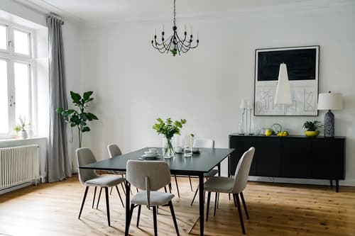 photo from pinterest of minimalist-style interior designed (dining room interior) with painting or photo on wall and table cloth and plates, cutlery and glasses on dining table and plant and bookshelves and dining table and light or chandelier and vase. . with an open floor plan and a monochromatic palette with colour used as an accent and lots of light and focus on the shape, colour and texture of just a few of essential elements and functional furniture and clean lines and an open floor plan. . cinematic photo, highly detailed, cinematic lighting, ultra-detailed, ultrarealistic, photorealism, 8k. trending on pinterest. minimalist interior design style. masterpiece, cinematic light, ultrarealistic+, photorealistic+, 8k, raw photo, realistic, sharp focus on eyes, (symmetrical eyes), (intact eyes), hyperrealistic, highest quality, best quality, , highly detailed, masterpiece, best quality, extremely detailed 8k wallpaper, masterpiece, best quality, ultra-detailed, best shadow, detailed background, detailed face, detailed eyes, high contrast, best illumination, detailed face, dulux, caustic, dynamic angle, detailed glow. dramatic lighting. highly detailed, insanely detailed hair, symmetrical, intricate details, professionally retouched, 8k high definition. strong bokeh. award winning photo.
