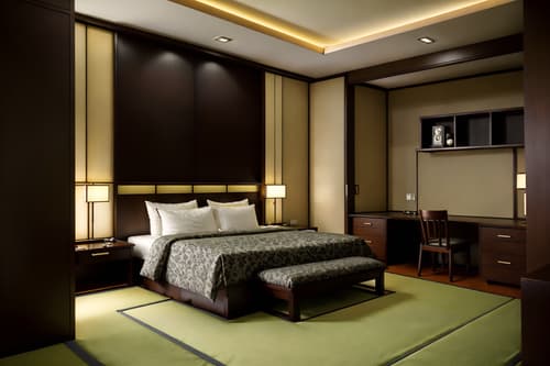 photo from pinterest of japanese design-style interior designed (hotel room interior) with hotel bathroom and bedside table or night stand and working desk with desk chair and night light and accent chair and mirror and storage bench or ottoman and dresser closet. . with . . cinematic photo, highly detailed, cinematic lighting, ultra-detailed, ultrarealistic, photorealism, 8k. trending on pinterest. japanese design interior design style. masterpiece, cinematic light, ultrarealistic+, photorealistic+, 8k, raw photo, realistic, sharp focus on eyes, (symmetrical eyes), (intact eyes), hyperrealistic, highest quality, best quality, , highly detailed, masterpiece, best quality, extremely detailed 8k wallpaper, masterpiece, best quality, ultra-detailed, best shadow, detailed background, detailed face, detailed eyes, high contrast, best illumination, detailed face, dulux, caustic, dynamic angle, detailed glow. dramatic lighting. highly detailed, insanely detailed hair, symmetrical, intricate details, professionally retouched, 8k high definition. strong bokeh. award winning photo.