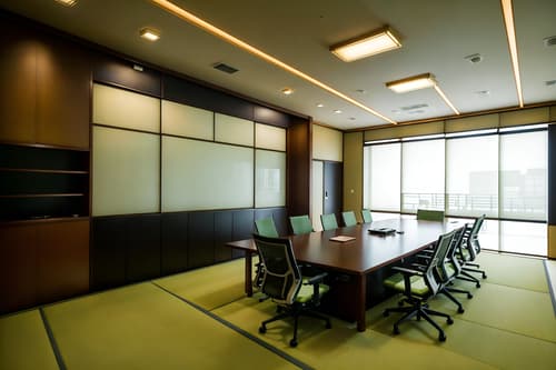 photo from pinterest of japanese design-style interior designed (meeting room interior) with cabinets and office chairs and painting or photo on wall and glass doors and boardroom table and glass walls and plant and vase. . with . . cinematic photo, highly detailed, cinematic lighting, ultra-detailed, ultrarealistic, photorealism, 8k. trending on pinterest. japanese design interior design style. masterpiece, cinematic light, ultrarealistic+, photorealistic+, 8k, raw photo, realistic, sharp focus on eyes, (symmetrical eyes), (intact eyes), hyperrealistic, highest quality, best quality, , highly detailed, masterpiece, best quality, extremely detailed 8k wallpaper, masterpiece, best quality, ultra-detailed, best shadow, detailed background, detailed face, detailed eyes, high contrast, best illumination, detailed face, dulux, caustic, dynamic angle, detailed glow. dramatic lighting. highly detailed, insanely detailed hair, symmetrical, intricate details, professionally retouched, 8k high definition. strong bokeh. award winning photo.