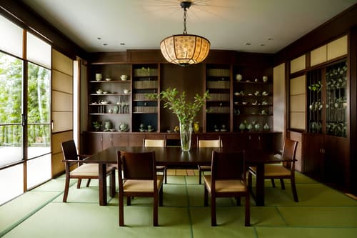 photo from pinterest of japanese design-style interior designed (dining room interior) with bookshelves and dining table chairs and vase and plant and dining table and painting or photo on wall and light or chandelier and table cloth. . with . . cinematic photo, highly detailed, cinematic lighting, ultra-detailed, ultrarealistic, photorealism, 8k. trending on pinterest. japanese design interior design style. masterpiece, cinematic light, ultrarealistic+, photorealistic+, 8k, raw photo, realistic, sharp focus on eyes, (symmetrical eyes), (intact eyes), hyperrealistic, highest quality, best quality, , highly detailed, masterpiece, best quality, extremely detailed 8k wallpaper, masterpiece, best quality, ultra-detailed, best shadow, detailed background, detailed face, detailed eyes, high contrast, best illumination, detailed face, dulux, caustic, dynamic angle, detailed glow. dramatic lighting. highly detailed, insanely detailed hair, symmetrical, intricate details, professionally retouched, 8k high definition. strong bokeh. award winning photo.