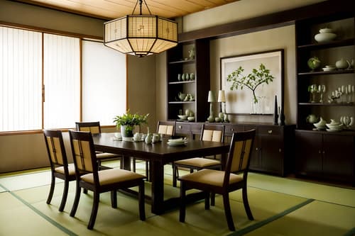 photo from pinterest of japanese design-style interior designed (dining room interior) with bookshelves and dining table chairs and vase and plant and dining table and painting or photo on wall and light or chandelier and table cloth. . with . . cinematic photo, highly detailed, cinematic lighting, ultra-detailed, ultrarealistic, photorealism, 8k. trending on pinterest. japanese design interior design style. masterpiece, cinematic light, ultrarealistic+, photorealistic+, 8k, raw photo, realistic, sharp focus on eyes, (symmetrical eyes), (intact eyes), hyperrealistic, highest quality, best quality, , highly detailed, masterpiece, best quality, extremely detailed 8k wallpaper, masterpiece, best quality, ultra-detailed, best shadow, detailed background, detailed face, detailed eyes, high contrast, best illumination, detailed face, dulux, caustic, dynamic angle, detailed glow. dramatic lighting. highly detailed, insanely detailed hair, symmetrical, intricate details, professionally retouched, 8k high definition. strong bokeh. award winning photo.
