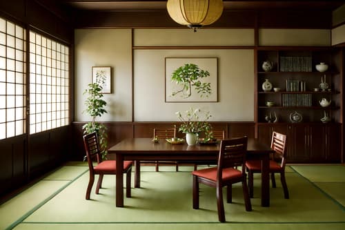 photo from pinterest of japanese design-style interior designed (dining room interior) with bookshelves and dining table chairs and vase and plant and dining table and painting or photo on wall and light or chandelier and table cloth. . with . . cinematic photo, highly detailed, cinematic lighting, ultra-detailed, ultrarealistic, photorealism, 8k. trending on pinterest. japanese design interior design style. masterpiece, cinematic light, ultrarealistic+, photorealistic+, 8k, raw photo, realistic, sharp focus on eyes, (symmetrical eyes), (intact eyes), hyperrealistic, highest quality, best quality, , highly detailed, masterpiece, best quality, extremely detailed 8k wallpaper, masterpiece, best quality, ultra-detailed, best shadow, detailed background, detailed face, detailed eyes, high contrast, best illumination, detailed face, dulux, caustic, dynamic angle, detailed glow. dramatic lighting. highly detailed, insanely detailed hair, symmetrical, intricate details, professionally retouched, 8k high definition. strong bokeh. award winning photo.