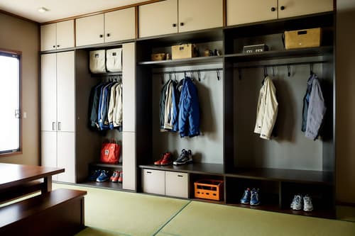 photo from pinterest of japanese design-style interior designed (drop zone interior) with cubbies and wall hooks for coats and high up storage and a bench and shelves for shoes and lockers and cabinets and storage baskets. . with . . cinematic photo, highly detailed, cinematic lighting, ultra-detailed, ultrarealistic, photorealism, 8k. trending on pinterest. japanese design interior design style. masterpiece, cinematic light, ultrarealistic+, photorealistic+, 8k, raw photo, realistic, sharp focus on eyes, (symmetrical eyes), (intact eyes), hyperrealistic, highest quality, best quality, , highly detailed, masterpiece, best quality, extremely detailed 8k wallpaper, masterpiece, best quality, ultra-detailed, best shadow, detailed background, detailed face, detailed eyes, high contrast, best illumination, detailed face, dulux, caustic, dynamic angle, detailed glow. dramatic lighting. highly detailed, insanely detailed hair, symmetrical, intricate details, professionally retouched, 8k high definition. strong bokeh. award winning photo.