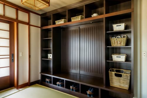 photo from pinterest of japanese design-style interior designed (mudroom interior) with storage baskets and a bench and cabinets and wall hooks for coats and storage drawers and shelves for shoes and cubbies and high up storage. . with . . cinematic photo, highly detailed, cinematic lighting, ultra-detailed, ultrarealistic, photorealism, 8k. trending on pinterest. japanese design interior design style. masterpiece, cinematic light, ultrarealistic+, photorealistic+, 8k, raw photo, realistic, sharp focus on eyes, (symmetrical eyes), (intact eyes), hyperrealistic, highest quality, best quality, , highly detailed, masterpiece, best quality, extremely detailed 8k wallpaper, masterpiece, best quality, ultra-detailed, best shadow, detailed background, detailed face, detailed eyes, high contrast, best illumination, detailed face, dulux, caustic, dynamic angle, detailed glow. dramatic lighting. highly detailed, insanely detailed hair, symmetrical, intricate details, professionally retouched, 8k high definition. strong bokeh. award winning photo.