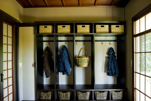 photo from pinterest of japanese design-style interior designed (mudroom interior) with storage baskets and a bench and cabinets and wall hooks for coats and storage drawers and shelves for shoes and cubbies and high up storage. . with . . cinematic photo, highly detailed, cinematic lighting, ultra-detailed, ultrarealistic, photorealism, 8k. trending on pinterest. japanese design interior design style. masterpiece, cinematic light, ultrarealistic+, photorealistic+, 8k, raw photo, realistic, sharp focus on eyes, (symmetrical eyes), (intact eyes), hyperrealistic, highest quality, best quality, , highly detailed, masterpiece, best quality, extremely detailed 8k wallpaper, masterpiece, best quality, ultra-detailed, best shadow, detailed background, detailed face, detailed eyes, high contrast, best illumination, detailed face, dulux, caustic, dynamic angle, detailed glow. dramatic lighting. highly detailed, insanely detailed hair, symmetrical, intricate details, professionally retouched, 8k high definition. strong bokeh. award winning photo.
