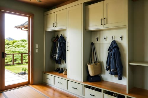 photo from pinterest of japanese design-style interior designed (mudroom interior) with storage baskets and a bench and cabinets and wall hooks for coats and storage drawers and shelves for shoes and cubbies and high up storage. . with . . cinematic photo, highly detailed, cinematic lighting, ultra-detailed, ultrarealistic, photorealism, 8k. trending on pinterest. japanese design interior design style. masterpiece, cinematic light, ultrarealistic+, photorealistic+, 8k, raw photo, realistic, sharp focus on eyes, (symmetrical eyes), (intact eyes), hyperrealistic, highest quality, best quality, , highly detailed, masterpiece, best quality, extremely detailed 8k wallpaper, masterpiece, best quality, ultra-detailed, best shadow, detailed background, detailed face, detailed eyes, high contrast, best illumination, detailed face, dulux, caustic, dynamic angle, detailed glow. dramatic lighting. highly detailed, insanely detailed hair, symmetrical, intricate details, professionally retouched, 8k high definition. strong bokeh. award winning photo.