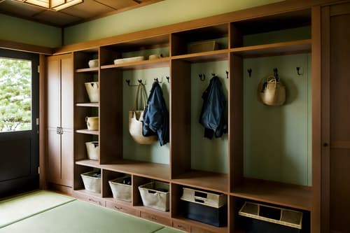 photo from pinterest of japanese design-style interior designed (mudroom interior) with storage baskets and a bench and cabinets and wall hooks for coats and storage drawers and shelves for shoes and cubbies and high up storage. . with . . cinematic photo, highly detailed, cinematic lighting, ultra-detailed, ultrarealistic, photorealism, 8k. trending on pinterest. japanese design interior design style. masterpiece, cinematic light, ultrarealistic+, photorealistic+, 8k, raw photo, realistic, sharp focus on eyes, (symmetrical eyes), (intact eyes), hyperrealistic, highest quality, best quality, , highly detailed, masterpiece, best quality, extremely detailed 8k wallpaper, masterpiece, best quality, ultra-detailed, best shadow, detailed background, detailed face, detailed eyes, high contrast, best illumination, detailed face, dulux, caustic, dynamic angle, detailed glow. dramatic lighting. highly detailed, insanely detailed hair, symmetrical, intricate details, professionally retouched, 8k high definition. strong bokeh. award winning photo.