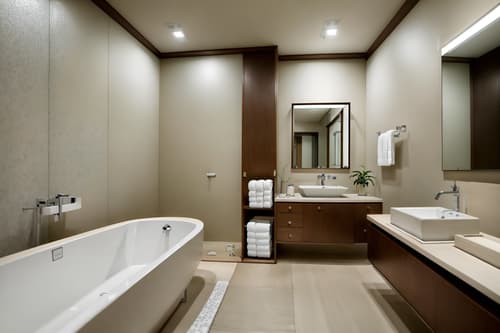 photo from pinterest of japanese design-style interior designed (hotel bathroom interior) with bath towel and bathroom sink with faucet and toilet seat and bath rail and plant and bathtub and bathroom cabinet and mirror. . with . . cinematic photo, highly detailed, cinematic lighting, ultra-detailed, ultrarealistic, photorealism, 8k. trending on pinterest. japanese design interior design style. masterpiece, cinematic light, ultrarealistic+, photorealistic+, 8k, raw photo, realistic, sharp focus on eyes, (symmetrical eyes), (intact eyes), hyperrealistic, highest quality, best quality, , highly detailed, masterpiece, best quality, extremely detailed 8k wallpaper, masterpiece, best quality, ultra-detailed, best shadow, detailed background, detailed face, detailed eyes, high contrast, best illumination, detailed face, dulux, caustic, dynamic angle, detailed glow. dramatic lighting. highly detailed, insanely detailed hair, symmetrical, intricate details, professionally retouched, 8k high definition. strong bokeh. award winning photo.