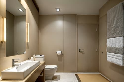 photo from pinterest of japanese design-style interior designed (hotel bathroom interior) with bath towel and bathroom sink with faucet and toilet seat and bath rail and plant and bathtub and bathroom cabinet and mirror. . with . . cinematic photo, highly detailed, cinematic lighting, ultra-detailed, ultrarealistic, photorealism, 8k. trending on pinterest. japanese design interior design style. masterpiece, cinematic light, ultrarealistic+, photorealistic+, 8k, raw photo, realistic, sharp focus on eyes, (symmetrical eyes), (intact eyes), hyperrealistic, highest quality, best quality, , highly detailed, masterpiece, best quality, extremely detailed 8k wallpaper, masterpiece, best quality, ultra-detailed, best shadow, detailed background, detailed face, detailed eyes, high contrast, best illumination, detailed face, dulux, caustic, dynamic angle, detailed glow. dramatic lighting. highly detailed, insanely detailed hair, symmetrical, intricate details, professionally retouched, 8k high definition. strong bokeh. award winning photo.