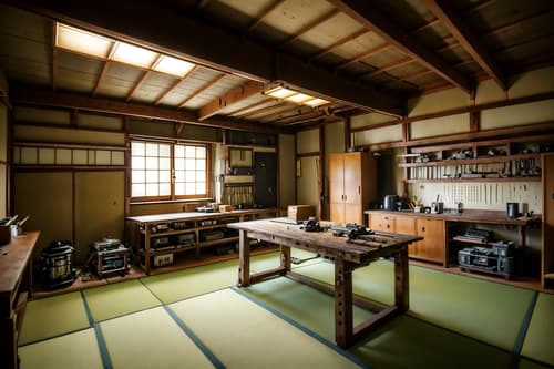 photo from pinterest of japanese design-style interior designed (workshop interior) with wooden workbench and tool wall and messy and wooden workbench. . with . . cinematic photo, highly detailed, cinematic lighting, ultra-detailed, ultrarealistic, photorealism, 8k. trending on pinterest. japanese design interior design style. masterpiece, cinematic light, ultrarealistic+, photorealistic+, 8k, raw photo, realistic, sharp focus on eyes, (symmetrical eyes), (intact eyes), hyperrealistic, highest quality, best quality, , highly detailed, masterpiece, best quality, extremely detailed 8k wallpaper, masterpiece, best quality, ultra-detailed, best shadow, detailed background, detailed face, detailed eyes, high contrast, best illumination, detailed face, dulux, caustic, dynamic angle, detailed glow. dramatic lighting. highly detailed, insanely detailed hair, symmetrical, intricate details, professionally retouched, 8k high definition. strong bokeh. award winning photo.