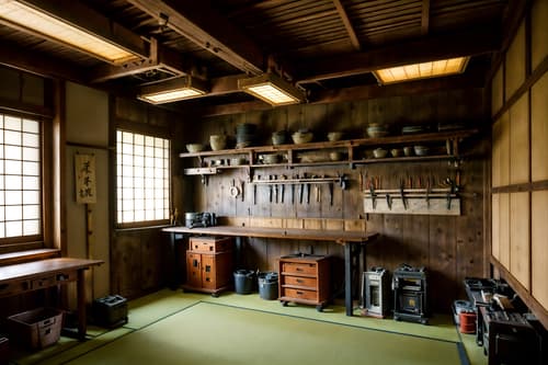 photo from pinterest of japanese design-style interior designed (workshop interior) with wooden workbench and tool wall and messy and wooden workbench. . with . . cinematic photo, highly detailed, cinematic lighting, ultra-detailed, ultrarealistic, photorealism, 8k. trending on pinterest. japanese design interior design style. masterpiece, cinematic light, ultrarealistic+, photorealistic+, 8k, raw photo, realistic, sharp focus on eyes, (symmetrical eyes), (intact eyes), hyperrealistic, highest quality, best quality, , highly detailed, masterpiece, best quality, extremely detailed 8k wallpaper, masterpiece, best quality, ultra-detailed, best shadow, detailed background, detailed face, detailed eyes, high contrast, best illumination, detailed face, dulux, caustic, dynamic angle, detailed glow. dramatic lighting. highly detailed, insanely detailed hair, symmetrical, intricate details, professionally retouched, 8k high definition. strong bokeh. award winning photo.