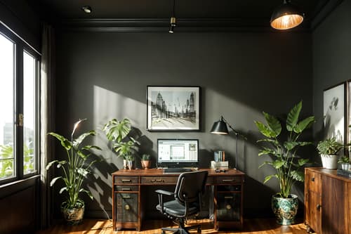photo from pinterest of eclectic-style interior designed (home office interior) with plant and desk lamp and cabinets and computer desk and office chair and plant. . . cinematic photo, highly detailed, cinematic lighting, ultra-detailed, ultrarealistic, photorealism, 8k. trending on pinterest. eclectic interior design style. masterpiece, cinematic light, ultrarealistic+, photorealistic+, 8k, raw photo, realistic, sharp focus on eyes, (symmetrical eyes), (intact eyes), hyperrealistic, highest quality, best quality, , highly detailed, masterpiece, best quality, extremely detailed 8k wallpaper, masterpiece, best quality, ultra-detailed, best shadow, detailed background, detailed face, detailed eyes, high contrast, best illumination, detailed face, dulux, caustic, dynamic angle, detailed glow. dramatic lighting. highly detailed, insanely detailed hair, symmetrical, intricate details, professionally retouched, 8k high definition. strong bokeh. award winning photo.