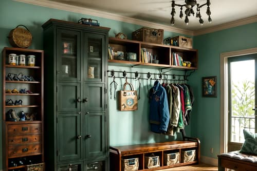 photo from pinterest of eclectic-style interior designed (drop zone interior) with lockers and a bench and high up storage and cabinets and shelves for shoes and cubbies and storage baskets and wall hooks for coats. . . cinematic photo, highly detailed, cinematic lighting, ultra-detailed, ultrarealistic, photorealism, 8k. trending on pinterest. eclectic interior design style. masterpiece, cinematic light, ultrarealistic+, photorealistic+, 8k, raw photo, realistic, sharp focus on eyes, (symmetrical eyes), (intact eyes), hyperrealistic, highest quality, best quality, , highly detailed, masterpiece, best quality, extremely detailed 8k wallpaper, masterpiece, best quality, ultra-detailed, best shadow, detailed background, detailed face, detailed eyes, high contrast, best illumination, detailed face, dulux, caustic, dynamic angle, detailed glow. dramatic lighting. highly detailed, insanely detailed hair, symmetrical, intricate details, professionally retouched, 8k high definition. strong bokeh. award winning photo.