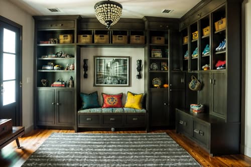 photo from pinterest of eclectic-style interior designed (drop zone interior) with lockers and a bench and high up storage and cabinets and shelves for shoes and cubbies and storage baskets and wall hooks for coats. . . cinematic photo, highly detailed, cinematic lighting, ultra-detailed, ultrarealistic, photorealism, 8k. trending on pinterest. eclectic interior design style. masterpiece, cinematic light, ultrarealistic+, photorealistic+, 8k, raw photo, realistic, sharp focus on eyes, (symmetrical eyes), (intact eyes), hyperrealistic, highest quality, best quality, , highly detailed, masterpiece, best quality, extremely detailed 8k wallpaper, masterpiece, best quality, ultra-detailed, best shadow, detailed background, detailed face, detailed eyes, high contrast, best illumination, detailed face, dulux, caustic, dynamic angle, detailed glow. dramatic lighting. highly detailed, insanely detailed hair, symmetrical, intricate details, professionally retouched, 8k high definition. strong bokeh. award winning photo.