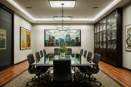 photo from pinterest of eclectic-style interior designed (meeting room interior) with office chairs and painting or photo on wall and vase and glass doors and glass walls and boardroom table and plant and cabinets. . . cinematic photo, highly detailed, cinematic lighting, ultra-detailed, ultrarealistic, photorealism, 8k. trending on pinterest. eclectic interior design style. masterpiece, cinematic light, ultrarealistic+, photorealistic+, 8k, raw photo, realistic, sharp focus on eyes, (symmetrical eyes), (intact eyes), hyperrealistic, highest quality, best quality, , highly detailed, masterpiece, best quality, extremely detailed 8k wallpaper, masterpiece, best quality, ultra-detailed, best shadow, detailed background, detailed face, detailed eyes, high contrast, best illumination, detailed face, dulux, caustic, dynamic angle, detailed glow. dramatic lighting. highly detailed, insanely detailed hair, symmetrical, intricate details, professionally retouched, 8k high definition. strong bokeh. award winning photo.