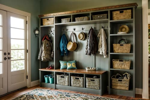photo from pinterest of eclectic-style interior designed (mudroom interior) with storage drawers and storage baskets and shelves for shoes and wall hooks for coats and a bench and high up storage and cabinets and cubbies. . . cinematic photo, highly detailed, cinematic lighting, ultra-detailed, ultrarealistic, photorealism, 8k. trending on pinterest. eclectic interior design style. masterpiece, cinematic light, ultrarealistic+, photorealistic+, 8k, raw photo, realistic, sharp focus on eyes, (symmetrical eyes), (intact eyes), hyperrealistic, highest quality, best quality, , highly detailed, masterpiece, best quality, extremely detailed 8k wallpaper, masterpiece, best quality, ultra-detailed, best shadow, detailed background, detailed face, detailed eyes, high contrast, best illumination, detailed face, dulux, caustic, dynamic angle, detailed glow. dramatic lighting. highly detailed, insanely detailed hair, symmetrical, intricate details, professionally retouched, 8k high definition. strong bokeh. award winning photo.