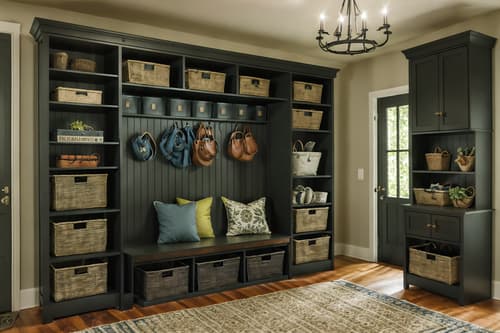 photo from pinterest of eclectic-style interior designed (mudroom interior) with storage drawers and storage baskets and shelves for shoes and wall hooks for coats and a bench and high up storage and cabinets and cubbies. . . cinematic photo, highly detailed, cinematic lighting, ultra-detailed, ultrarealistic, photorealism, 8k. trending on pinterest. eclectic interior design style. masterpiece, cinematic light, ultrarealistic+, photorealistic+, 8k, raw photo, realistic, sharp focus on eyes, (symmetrical eyes), (intact eyes), hyperrealistic, highest quality, best quality, , highly detailed, masterpiece, best quality, extremely detailed 8k wallpaper, masterpiece, best quality, ultra-detailed, best shadow, detailed background, detailed face, detailed eyes, high contrast, best illumination, detailed face, dulux, caustic, dynamic angle, detailed glow. dramatic lighting. highly detailed, insanely detailed hair, symmetrical, intricate details, professionally retouched, 8k high definition. strong bokeh. award winning photo.