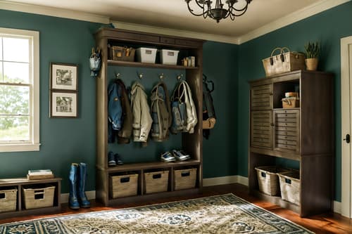 photo from pinterest of eclectic-style interior designed (mudroom interior) with storage drawers and storage baskets and shelves for shoes and wall hooks for coats and a bench and high up storage and cabinets and cubbies. . . cinematic photo, highly detailed, cinematic lighting, ultra-detailed, ultrarealistic, photorealism, 8k. trending on pinterest. eclectic interior design style. masterpiece, cinematic light, ultrarealistic+, photorealistic+, 8k, raw photo, realistic, sharp focus on eyes, (symmetrical eyes), (intact eyes), hyperrealistic, highest quality, best quality, , highly detailed, masterpiece, best quality, extremely detailed 8k wallpaper, masterpiece, best quality, ultra-detailed, best shadow, detailed background, detailed face, detailed eyes, high contrast, best illumination, detailed face, dulux, caustic, dynamic angle, detailed glow. dramatic lighting. highly detailed, insanely detailed hair, symmetrical, intricate details, professionally retouched, 8k high definition. strong bokeh. award winning photo.