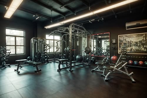 photo from pinterest of eclectic-style interior designed (fitness gym interior) with squat rack and crosstrainer and exercise bicycle and bench press and dumbbell stand and squat rack. . . cinematic photo, highly detailed, cinematic lighting, ultra-detailed, ultrarealistic, photorealism, 8k. trending on pinterest. eclectic interior design style. masterpiece, cinematic light, ultrarealistic+, photorealistic+, 8k, raw photo, realistic, sharp focus on eyes, (symmetrical eyes), (intact eyes), hyperrealistic, highest quality, best quality, , highly detailed, masterpiece, best quality, extremely detailed 8k wallpaper, masterpiece, best quality, ultra-detailed, best shadow, detailed background, detailed face, detailed eyes, high contrast, best illumination, detailed face, dulux, caustic, dynamic angle, detailed glow. dramatic lighting. highly detailed, insanely detailed hair, symmetrical, intricate details, professionally retouched, 8k high definition. strong bokeh. award winning photo.