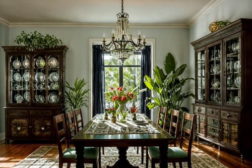 photo from pinterest of eclectic-style interior designed (dining room interior) with plant and light or chandelier and bookshelves and plates, cutlery and glasses on dining table and vase and dining table chairs and dining table and table cloth. . . cinematic photo, highly detailed, cinematic lighting, ultra-detailed, ultrarealistic, photorealism, 8k. trending on pinterest. eclectic interior design style. masterpiece, cinematic light, ultrarealistic+, photorealistic+, 8k, raw photo, realistic, sharp focus on eyes, (symmetrical eyes), (intact eyes), hyperrealistic, highest quality, best quality, , highly detailed, masterpiece, best quality, extremely detailed 8k wallpaper, masterpiece, best quality, ultra-detailed, best shadow, detailed background, detailed face, detailed eyes, high contrast, best illumination, detailed face, dulux, caustic, dynamic angle, detailed glow. dramatic lighting. highly detailed, insanely detailed hair, symmetrical, intricate details, professionally retouched, 8k high definition. strong bokeh. award winning photo.