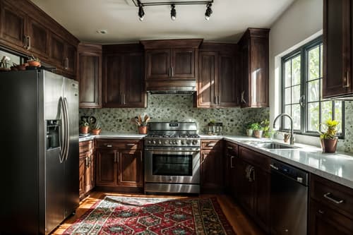 photo from pinterest of eclectic-style interior designed (kitchen interior) with refrigerator and sink and kitchen cabinets and stove and worktops and plant and refrigerator. . . cinematic photo, highly detailed, cinematic lighting, ultra-detailed, ultrarealistic, photorealism, 8k. trending on pinterest. eclectic interior design style. masterpiece, cinematic light, ultrarealistic+, photorealistic+, 8k, raw photo, realistic, sharp focus on eyes, (symmetrical eyes), (intact eyes), hyperrealistic, highest quality, best quality, , highly detailed, masterpiece, best quality, extremely detailed 8k wallpaper, masterpiece, best quality, ultra-detailed, best shadow, detailed background, detailed face, detailed eyes, high contrast, best illumination, detailed face, dulux, caustic, dynamic angle, detailed glow. dramatic lighting. highly detailed, insanely detailed hair, symmetrical, intricate details, professionally retouched, 8k high definition. strong bokeh. award winning photo.