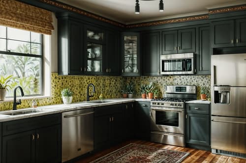 photo from pinterest of eclectic-style interior designed (kitchen interior) with refrigerator and sink and kitchen cabinets and stove and worktops and plant and refrigerator. . . cinematic photo, highly detailed, cinematic lighting, ultra-detailed, ultrarealistic, photorealism, 8k. trending on pinterest. eclectic interior design style. masterpiece, cinematic light, ultrarealistic+, photorealistic+, 8k, raw photo, realistic, sharp focus on eyes, (symmetrical eyes), (intact eyes), hyperrealistic, highest quality, best quality, , highly detailed, masterpiece, best quality, extremely detailed 8k wallpaper, masterpiece, best quality, ultra-detailed, best shadow, detailed background, detailed face, detailed eyes, high contrast, best illumination, detailed face, dulux, caustic, dynamic angle, detailed glow. dramatic lighting. highly detailed, insanely detailed hair, symmetrical, intricate details, professionally retouched, 8k high definition. strong bokeh. award winning photo.