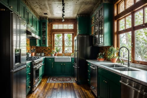 photo from pinterest of eclectic-style interior designed (kitchen interior) with refrigerator and sink and kitchen cabinets and stove and worktops and plant and refrigerator. . . cinematic photo, highly detailed, cinematic lighting, ultra-detailed, ultrarealistic, photorealism, 8k. trending on pinterest. eclectic interior design style. masterpiece, cinematic light, ultrarealistic+, photorealistic+, 8k, raw photo, realistic, sharp focus on eyes, (symmetrical eyes), (intact eyes), hyperrealistic, highest quality, best quality, , highly detailed, masterpiece, best quality, extremely detailed 8k wallpaper, masterpiece, best quality, ultra-detailed, best shadow, detailed background, detailed face, detailed eyes, high contrast, best illumination, detailed face, dulux, caustic, dynamic angle, detailed glow. dramatic lighting. highly detailed, insanely detailed hair, symmetrical, intricate details, professionally retouched, 8k high definition. strong bokeh. award winning photo.
